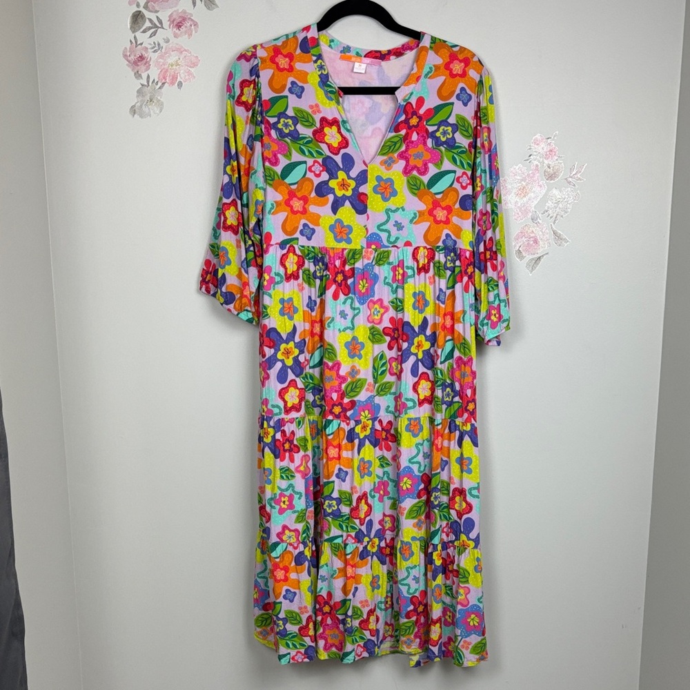 Briton Court Floral Multicolor Tiered Midi Dress - M